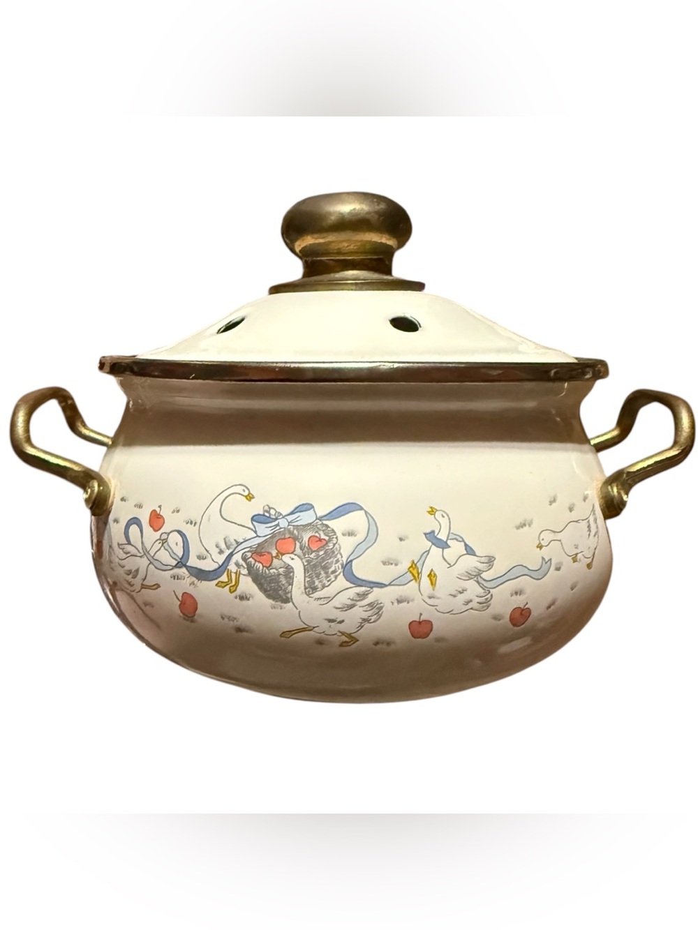 Vintage Lincoware Happy Geese Enamel Potpourri Pot Lid Country Framhouse Granny